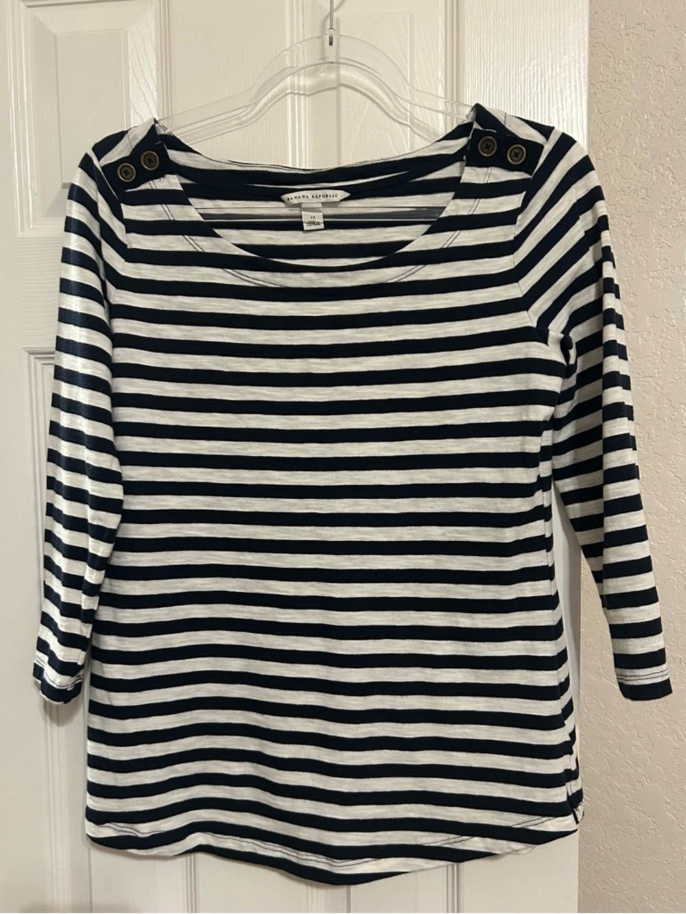 Banana Republic Black & White Striped Boatneck Top with Shoulder Buttons